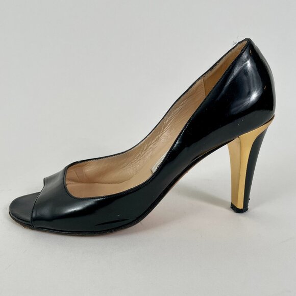 Jimmy Choo Black Patent Leather Peeptoe Pumps With Gold Detail, Size 37 (7) - Picture 2 of 11